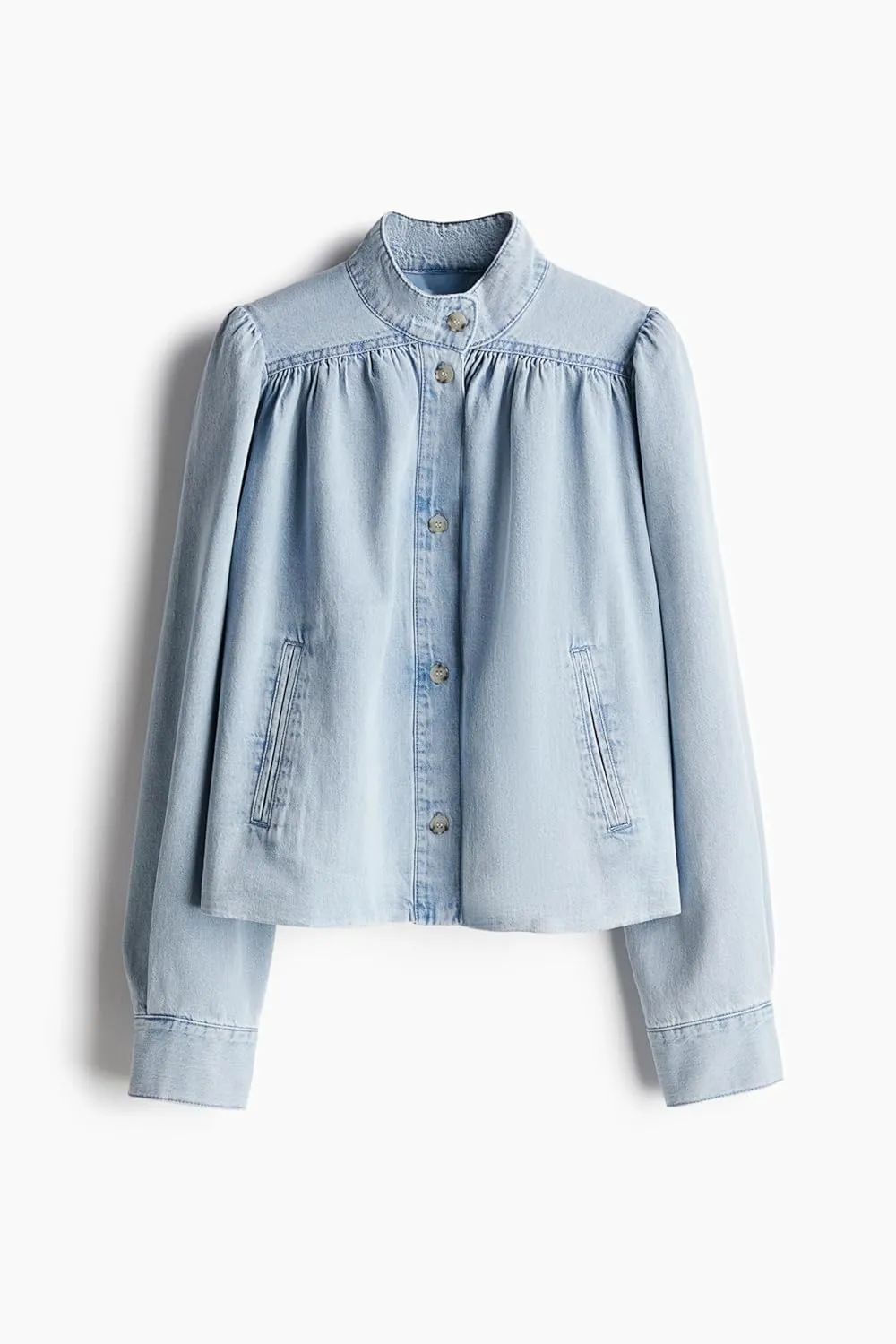 SCOFEEL Women's Denim Jacket Button Down Stand Collar Puff Sleeve Coat Casual Loose Fit Jean Jacket with Pockets