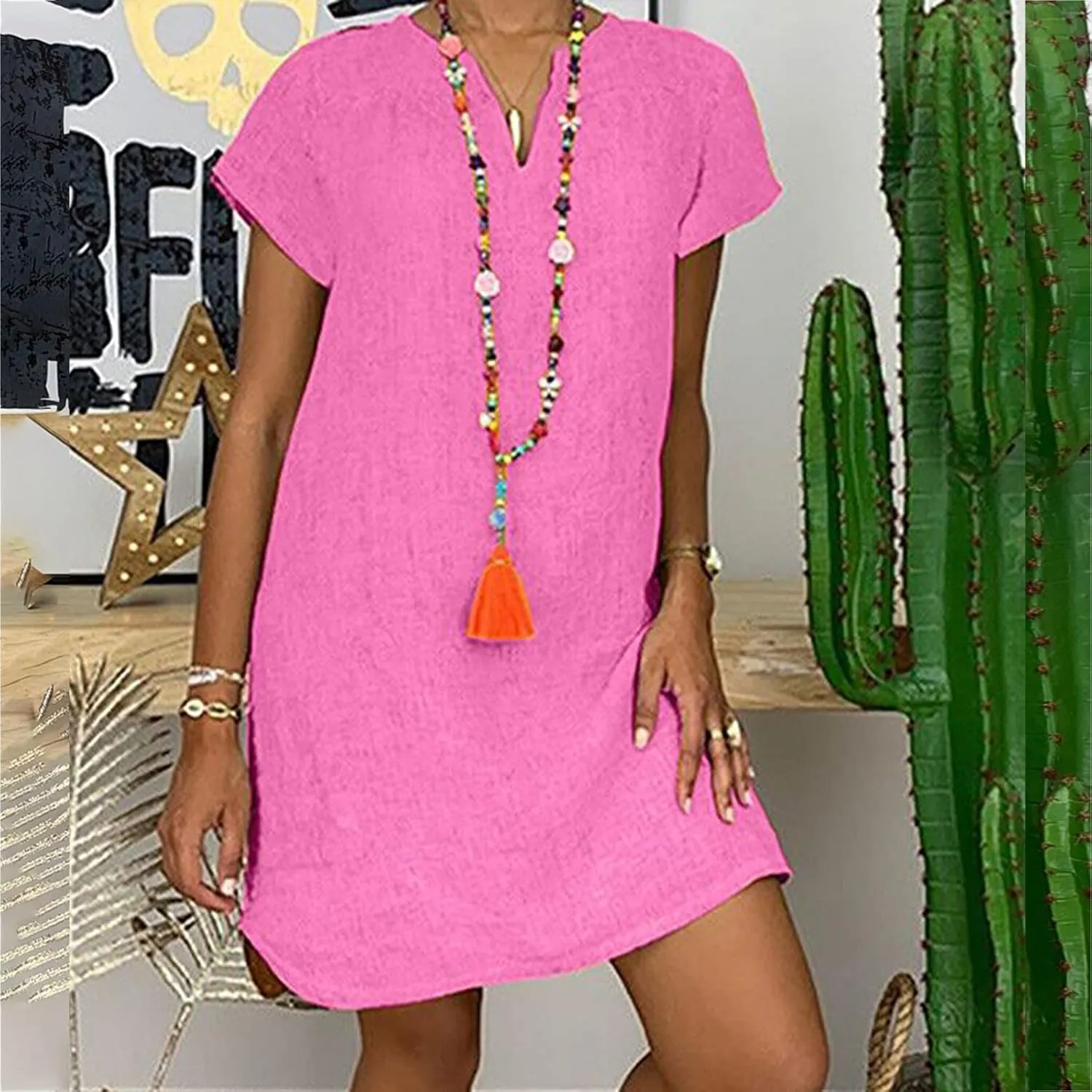 Shirt Dresses for Women Cap Sleeved Vintage Cotton Linen Long Dress Loose Fit Crewneck Casual Summer Dress Pockets