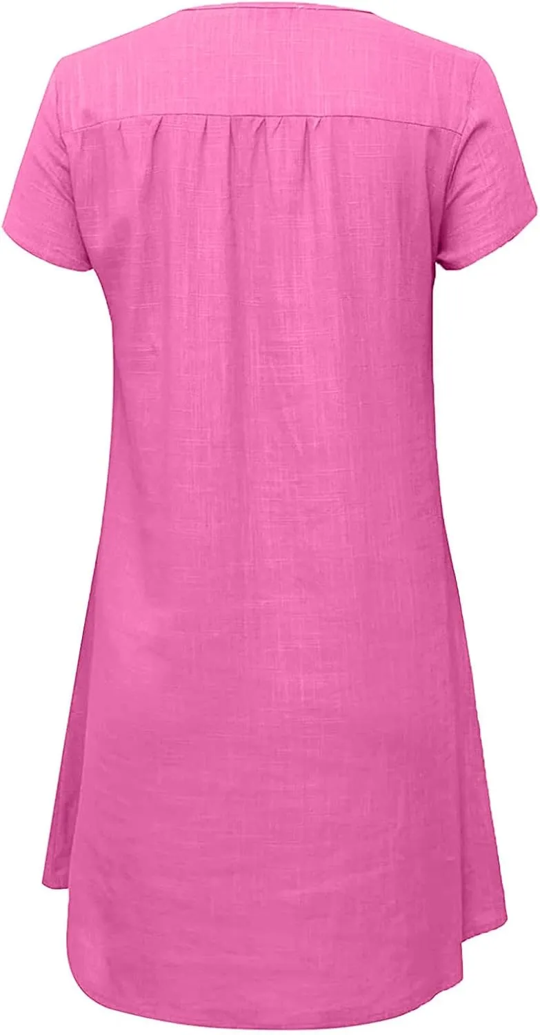 Shirt Dresses for Women Cap Sleeved Vintage Cotton Linen Long Dress Loose Fit Crewneck Casual Summer Dress Pockets