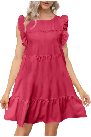 Sleeveless Dress for Women Casual Ruffle Mini Dress Cute Plus Size Babydoll Dress Flowy Swing Tiered Summer Sundress