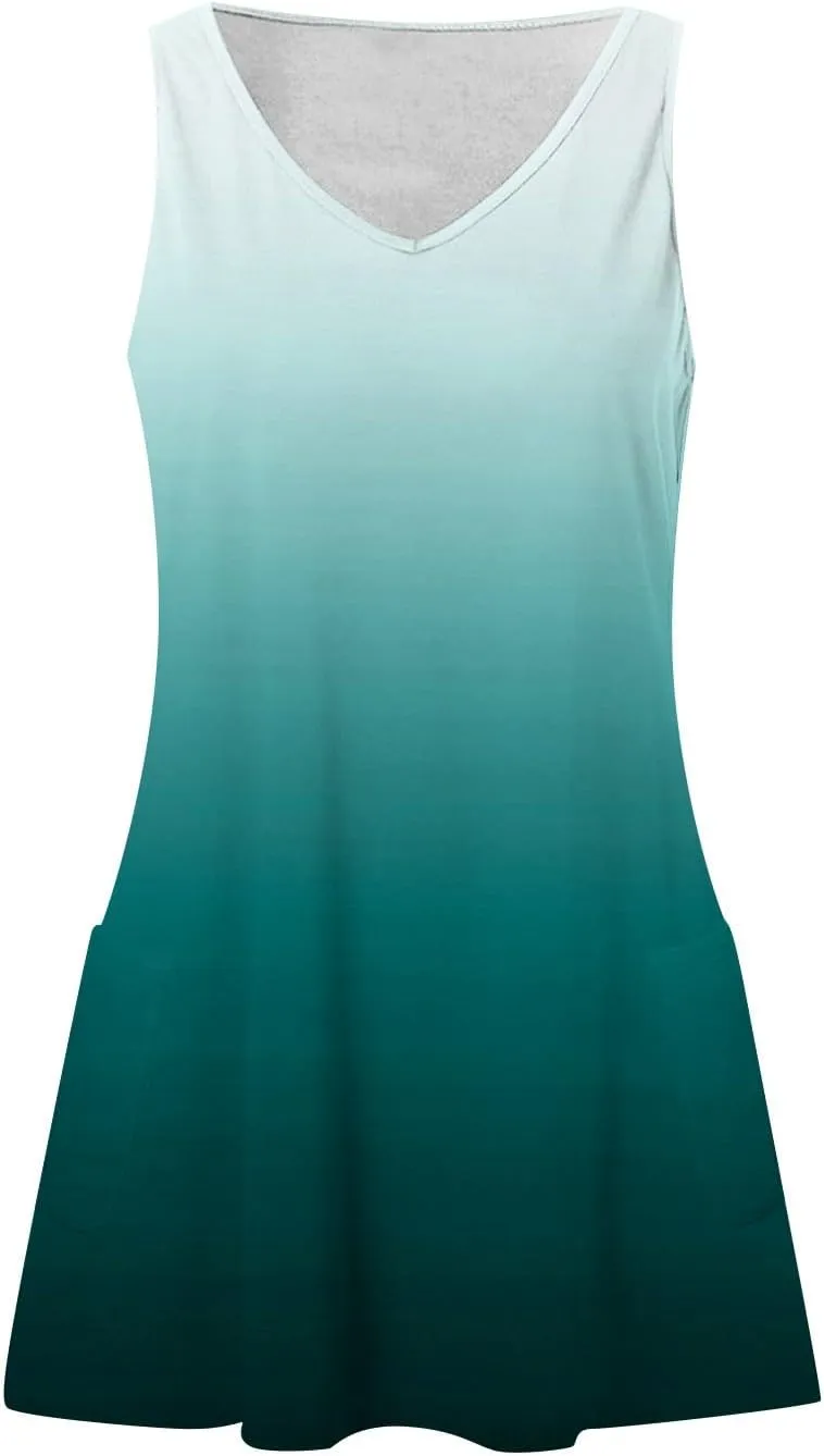 Sleeveless Dress for Women Summer Plus Size Sundress with Pockets Tie Dye V Neck Cute Mini Sun Dress for Beach Vacation