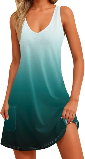 Sleeveless Dress for Women Summer Plus Size Sundress with Pockets Tie Dye V Neck Cute Mini Sun Dress for Beach Vacation