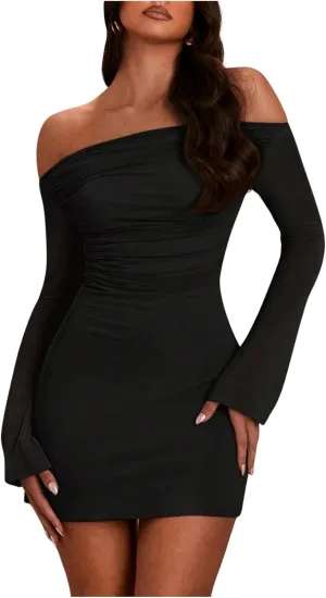 SOLY HUX Women's Ruched Off The Shoulder Bodycon Mini Dress Long Sleeve Party Dresses