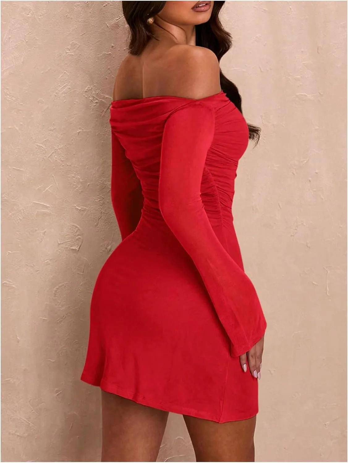 SOLY HUX Women's Ruched Off The Shoulder Bodycon Mini Dress Long Sleeve Party Dresses