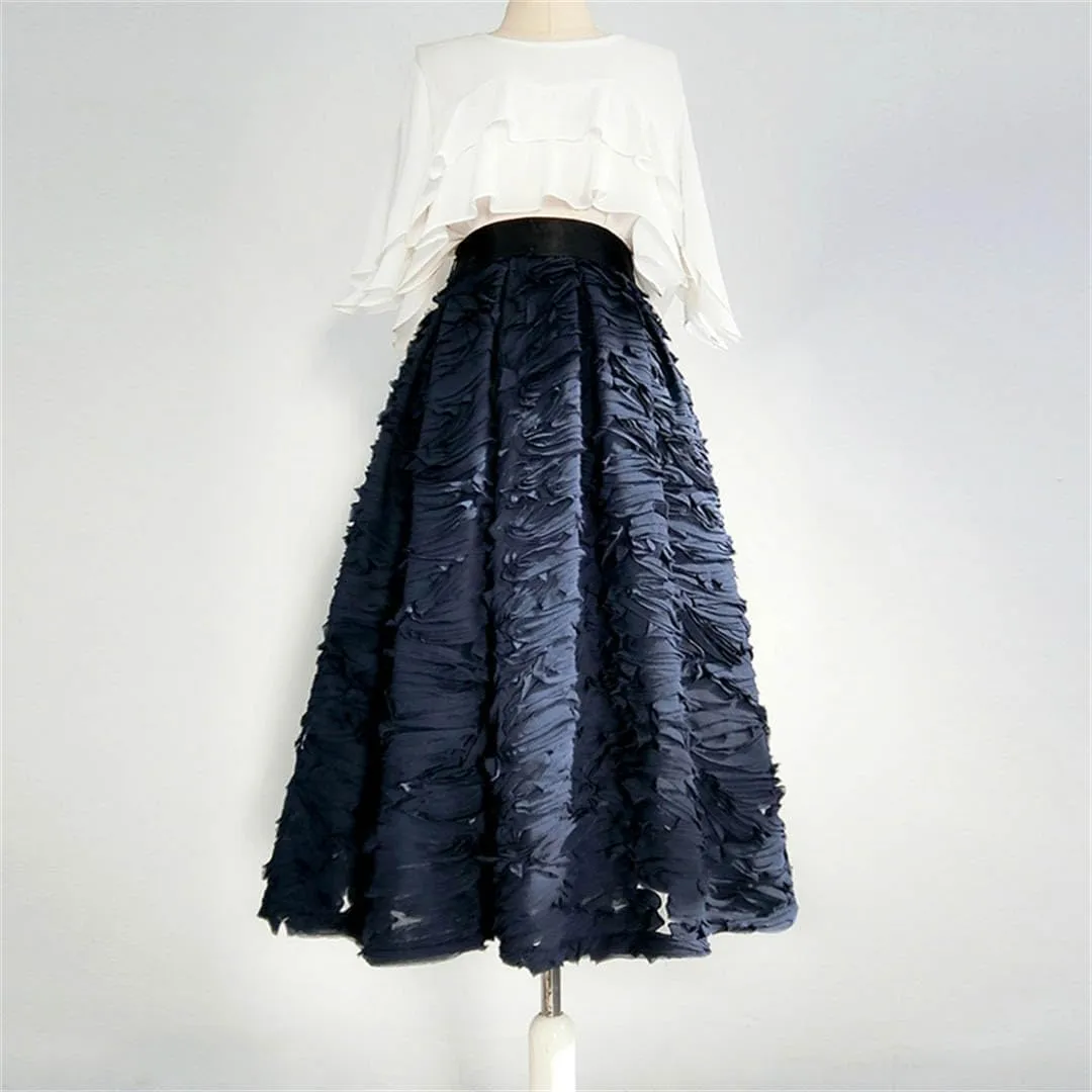 Spring Korean Simple Elegant Dark Reddish Purple Color Mesh Lace Embroidery High Waist Pleated Midi Skirt