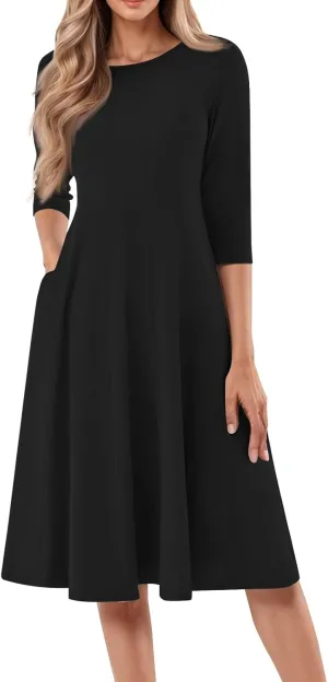 Spring Midi A Line Dresses for Women 3/4 Length Sleeve Cinched Waist Dress Crew Neck Dresses Dress with Pocket