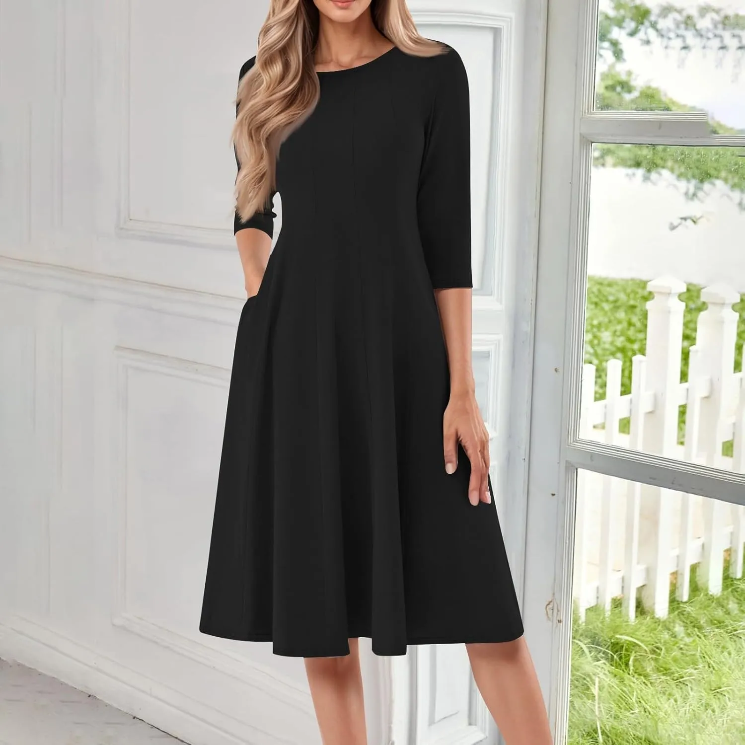 Spring Midi A Line Dresses for Women 3/4 Length Sleeve Cinched Waist Dress Crew Neck Dresses Dress with Pocket