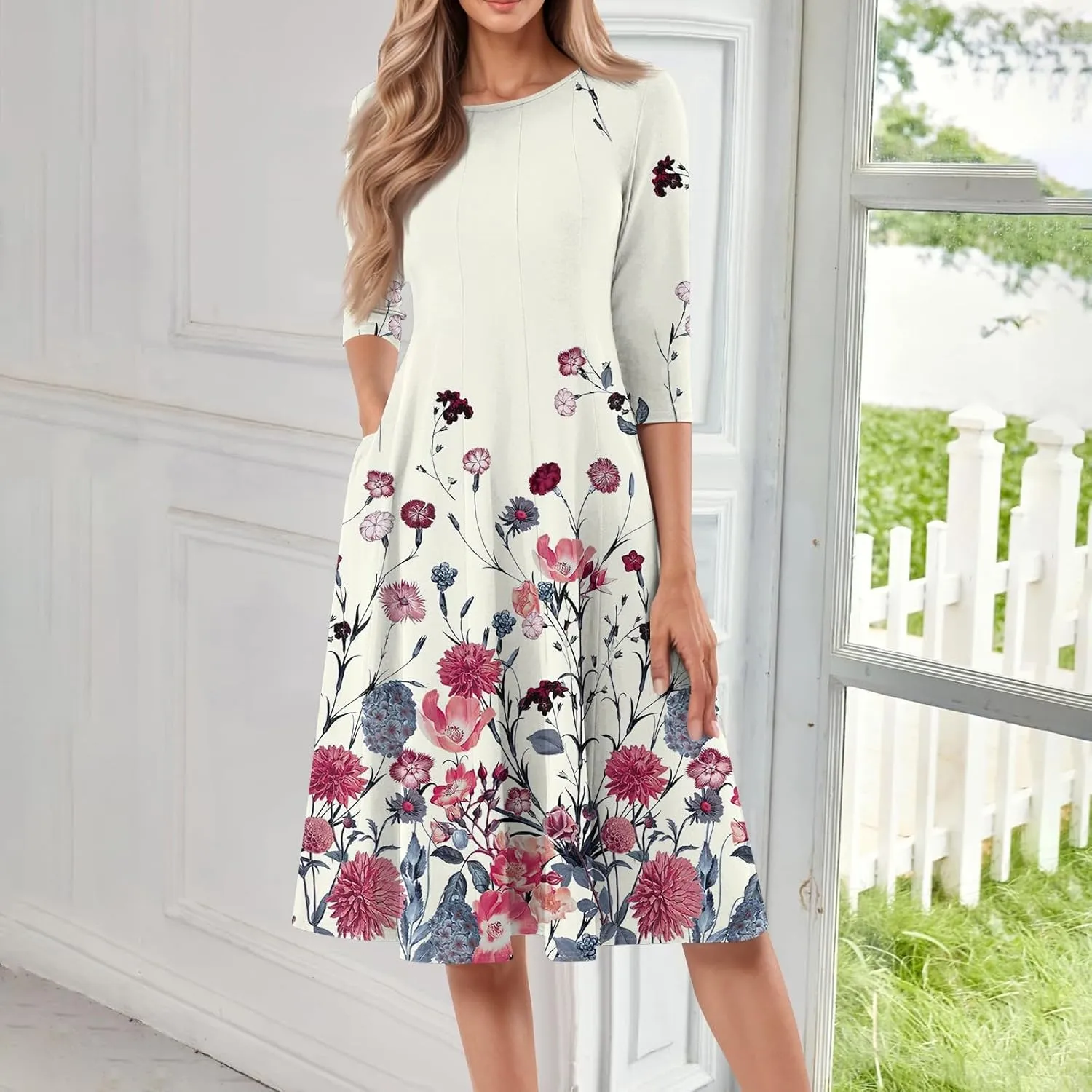 Spring Midi Knee Length Dress for Women 3/4 Length Sleeve Ruched Dress Crew Neck Dresses A Line Dress with Pocket