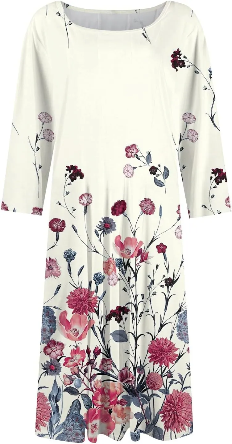 Spring Midi Knee Length Dress for Women 3/4 Length Sleeve Ruched Dress Crew Neck Dresses A Line Dress with Pocket