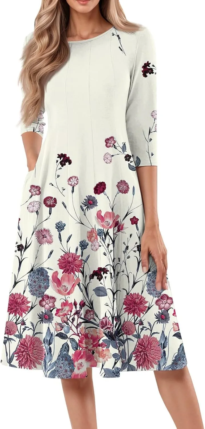 Spring Midi Knee Length Dress for Women 3/4 Length Sleeve Ruched Dress Crew Neck Dresses A Line Dress with Pocket