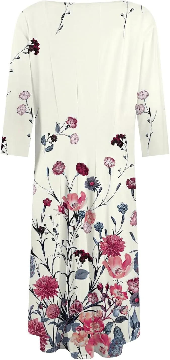 Spring Midi Knee Length Dress for Women 3/4 Length Sleeve Ruched Dress Crew Neck Dresses A Line Dress with Pocket