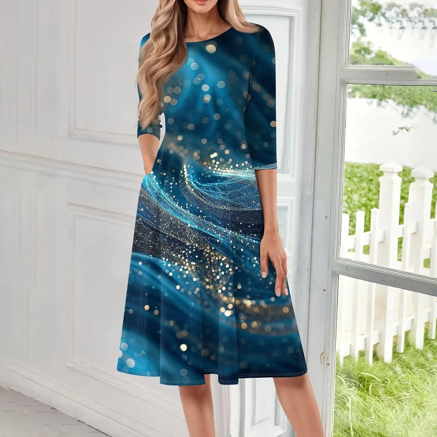 Spring Midi Knee Length Dress for Women 3/4 Length Sleeve Ruched Dress Crew Neck Dresses A Line Dress with Pocket