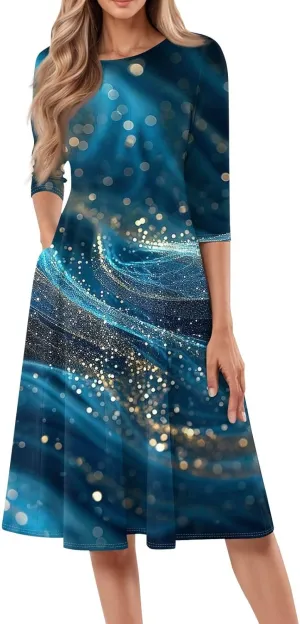 Spring Midi Knee Length Dress for Women 3/4 Length Sleeve Ruched Dress Crew Neck Dresses A Line Dress with Pocket