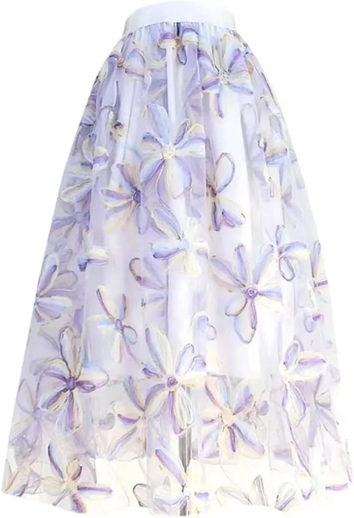 Spring Summer Chic Elegant Women High Waisted Pleated Midi Tulle Skirt