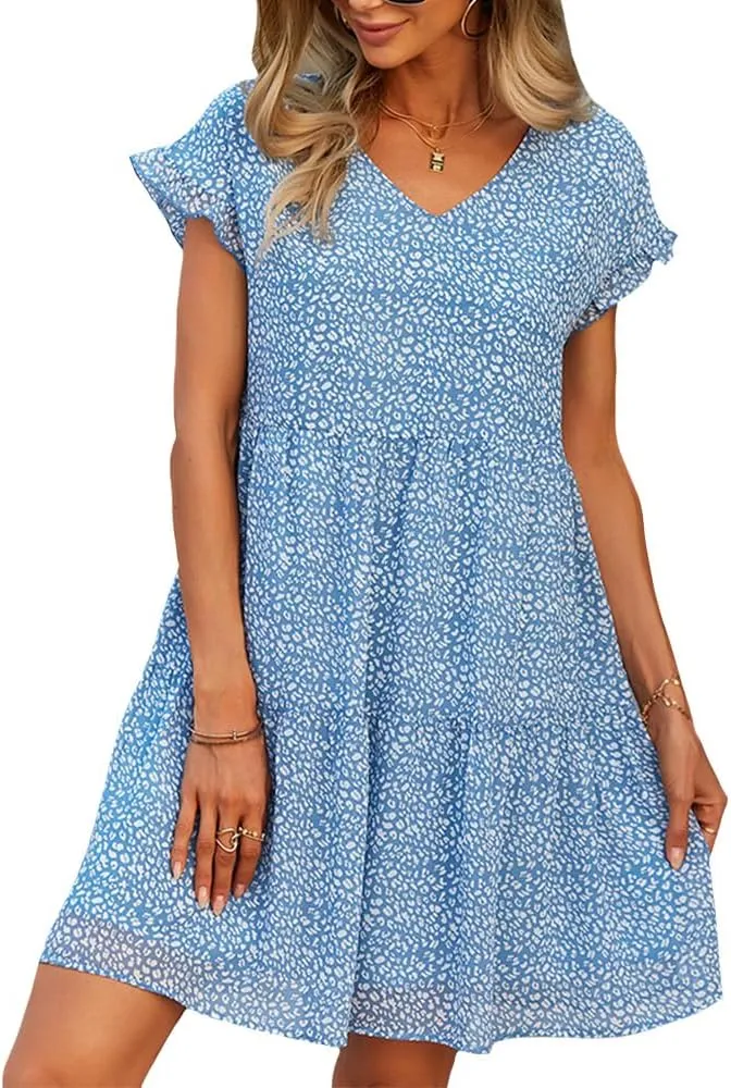 Summer Casual Midi Dress for Women Ruffle Short Sleeve Cute V Neck Dress Wedding Guest Tiered Pleated Smocked Dress