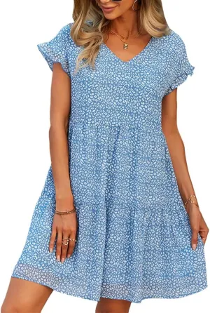 Summer Casual Midi Dress for Women Ruffle Short Sleeve Cute V Neck Dress Wedding Guest Tiered Pleated Smocked Dress