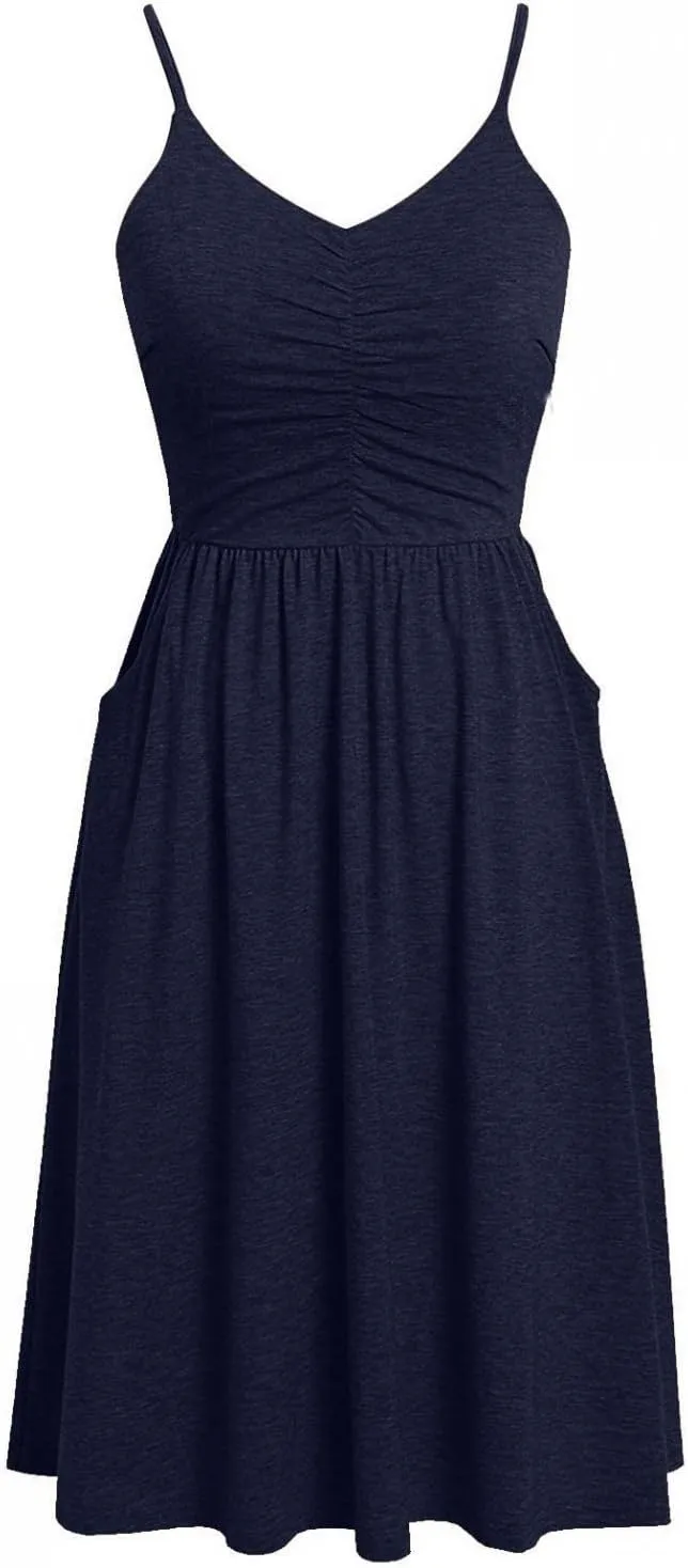 Summer Dress for Women Ruched Flowy Sundress Casual Floral Beach Dresses Flattering A-Line Spaghetti Strap Midi Dress