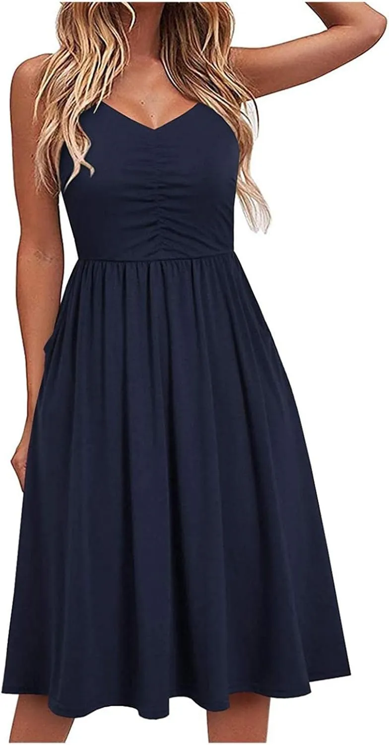 Summer Dress for Women Ruched Flowy Sundress Casual Floral Beach Dresses Flattering A-Line Spaghetti Strap Midi Dress
