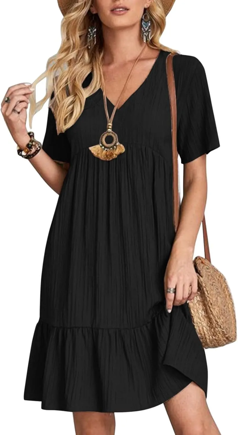 Summer Dresses for Women 2024 Pleated Tiered A Line Flowy Midi Dress Casual Fashion Short Sleeve V Neck Sundress
