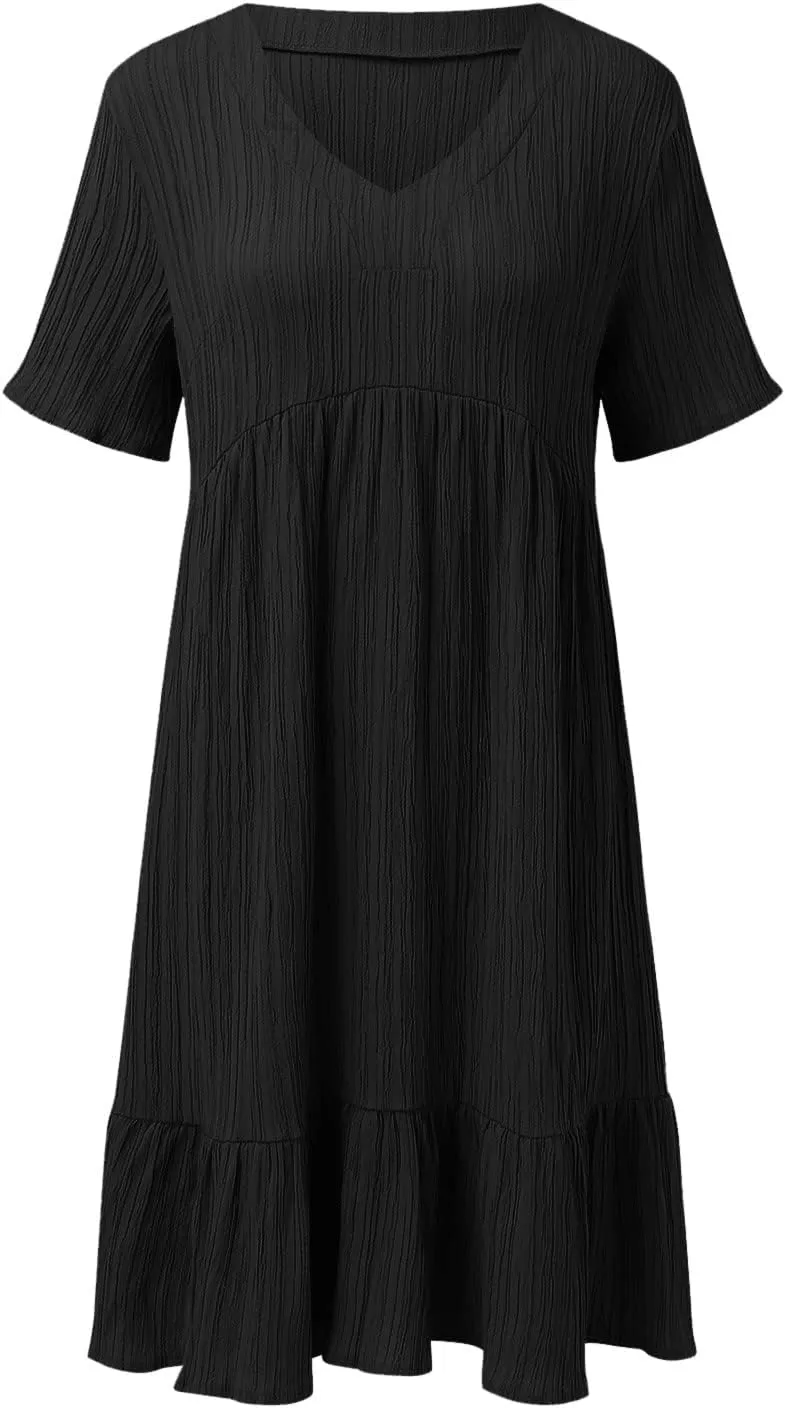 Summer Dresses for Women 2024 Pleated Tiered A Line Flowy Midi Dress Casual Fashion Short Sleeve V Neck Sundress