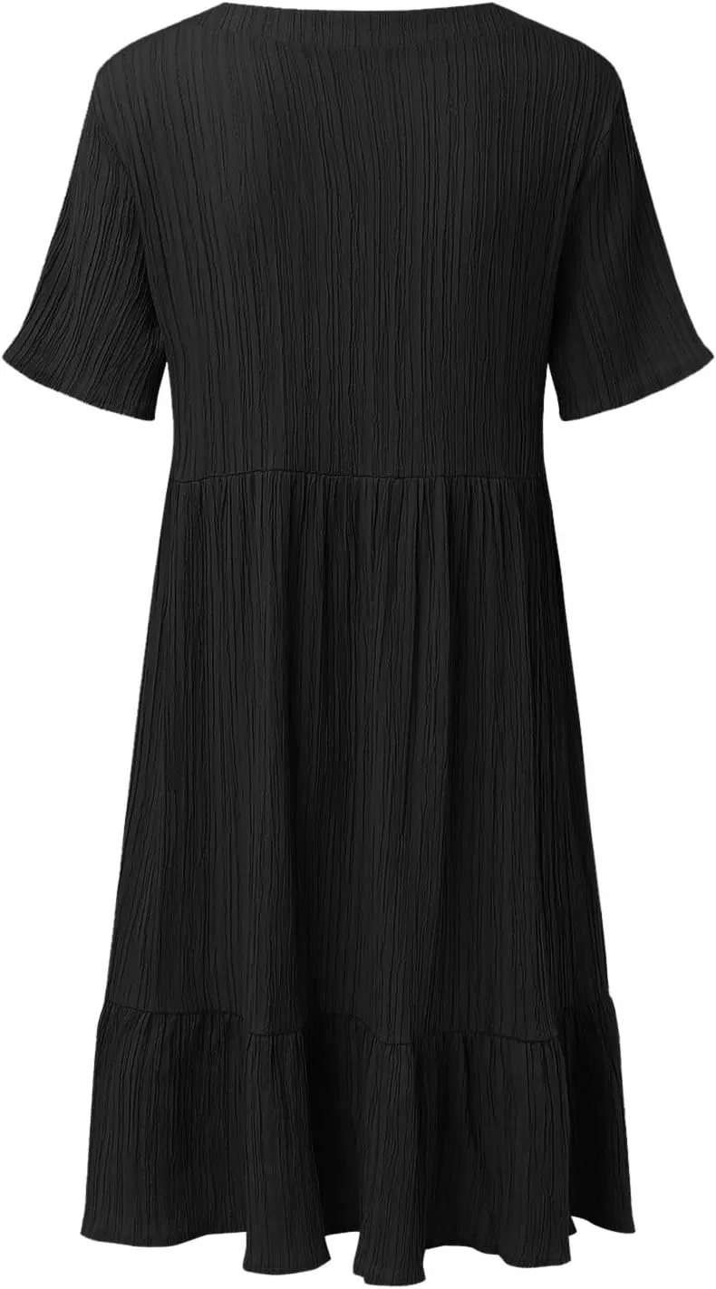 Summer Dresses for Women 2024 Pleated Tiered A Line Flowy Midi Dress Casual Fashion Short Sleeve V Neck Sundress