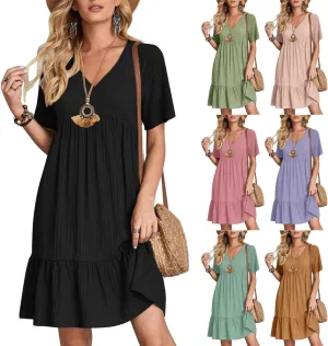 Summer Dresses for Women 2024 Pleated Tiered A Line Flowy Midi Dress Casual Fashion Short Sleeve V Neck Sundress