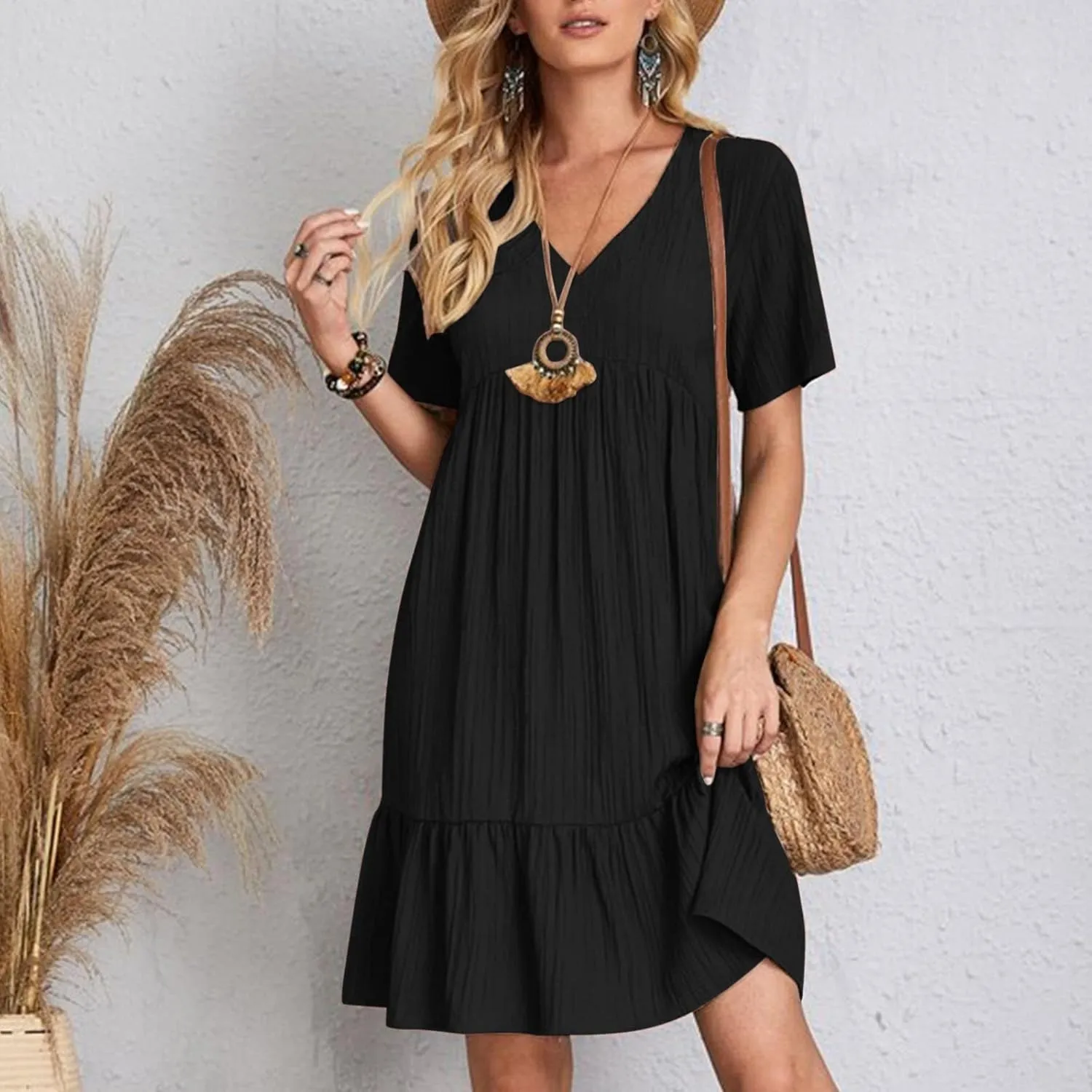 Summer Dresses for Women 2024 Pleated Tiered A Line Flowy Midi Dress Casual Fashion Short Sleeve V Neck Sundress