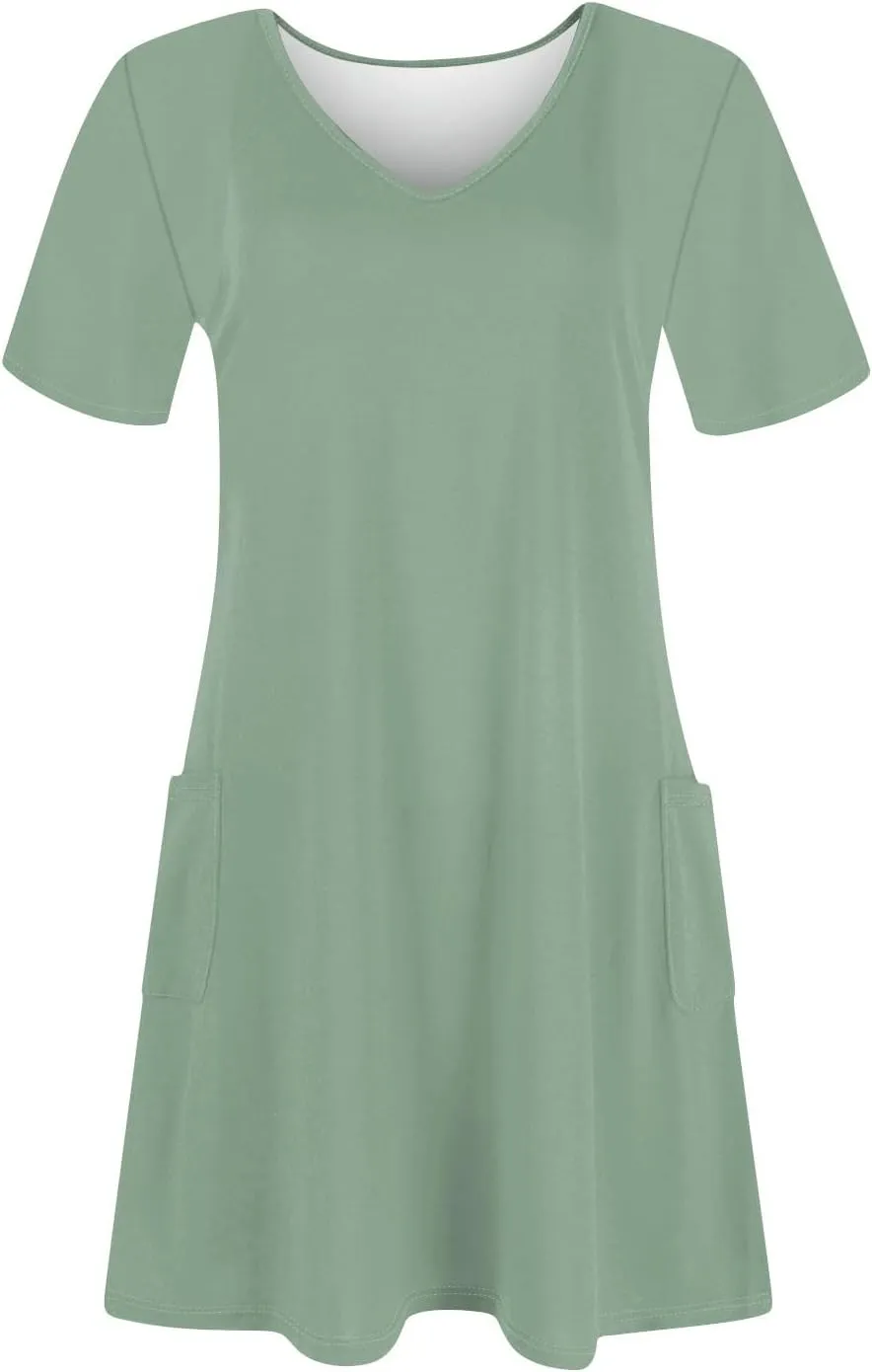 Summer Dresses for Women 2025 Casual Loose V Neck Short Sleeve T Shirt Dress Sundresses Beach Cover Up with Pockets