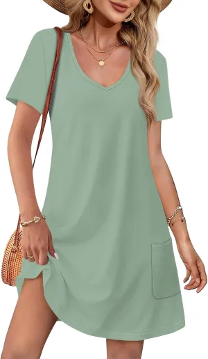 Summer Dresses for Women 2025 Casual Loose V Neck Short Sleeve T Shirt Dress Sundresses Beach Cover Up with Pockets