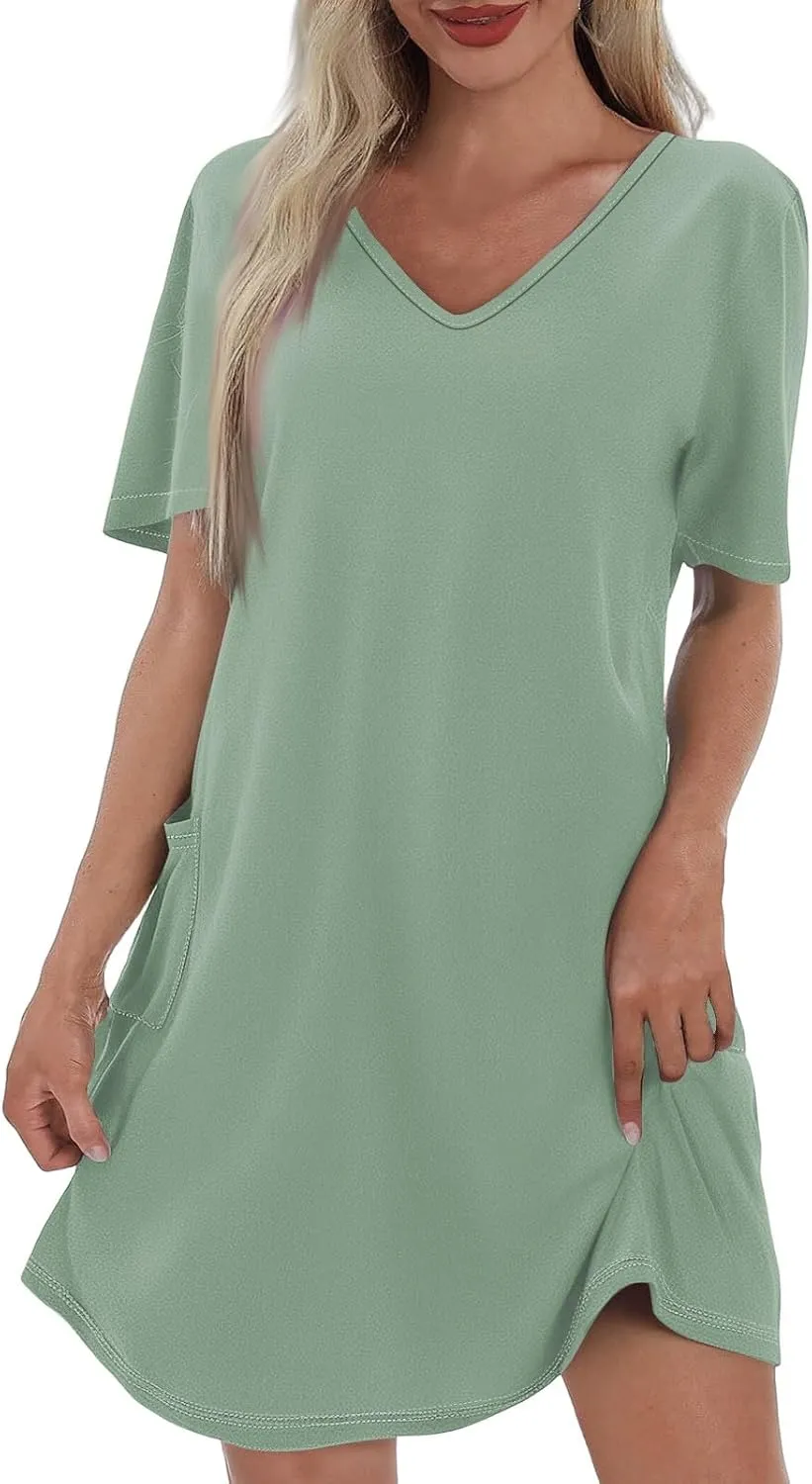 Summer Dresses for Women 2025 Casual Loose V Neck Short Sleeve T Shirt Dress Sundresses Beach Cover Up with Pockets