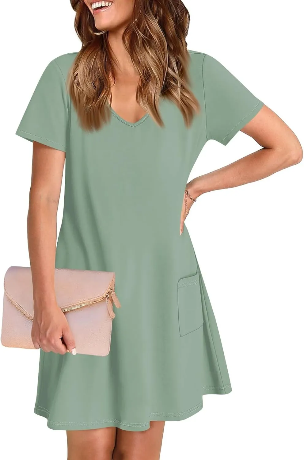 Summer Dresses for Women 2025 Casual Loose V Neck Short Sleeve T Shirt Dress Sundresses Beach Cover Up with Pockets