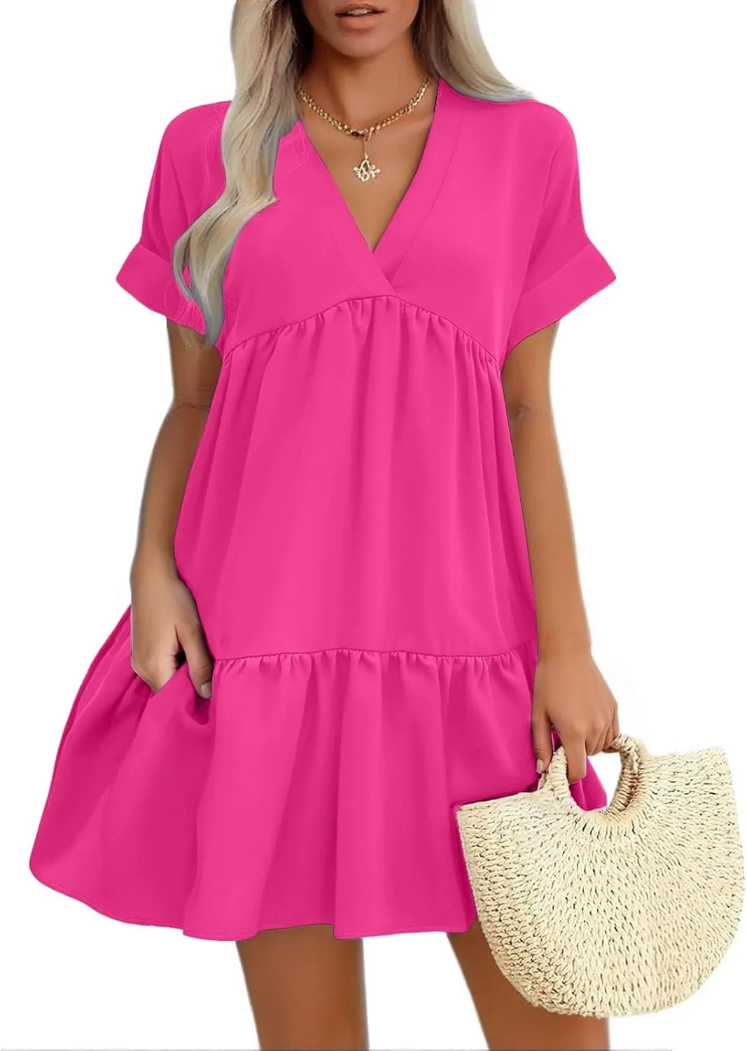 Summer Dresses for Women 2025 Casual Short Sleeve V Neck Mini Dress Cute Flowy Pleated Ruffle Beach Vacation Sundress