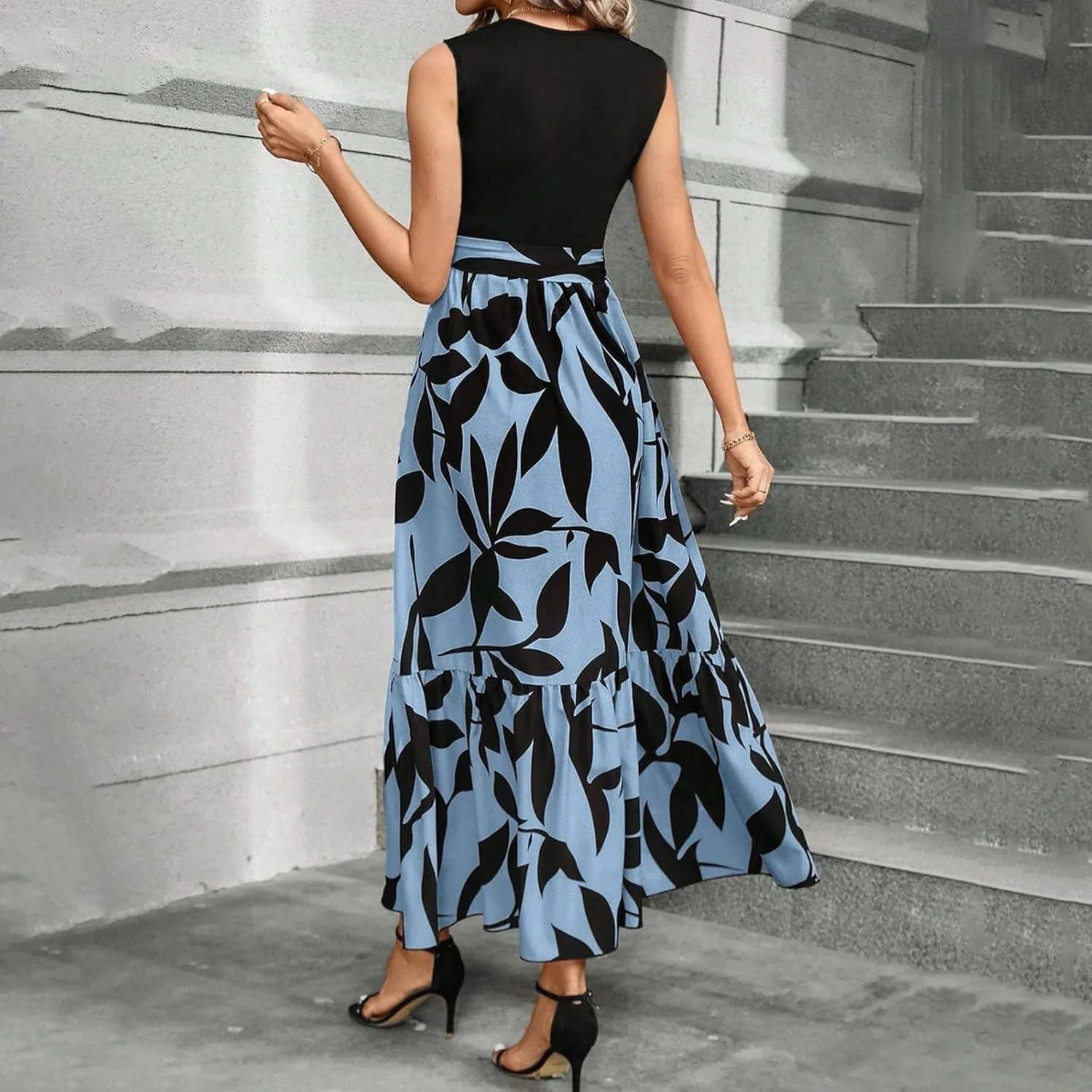 Summer Dresses for Women 2025 Casual Sleeveless Maxi Dresses with Belt Boho Flowy Floral Dress Vacation Long Dress