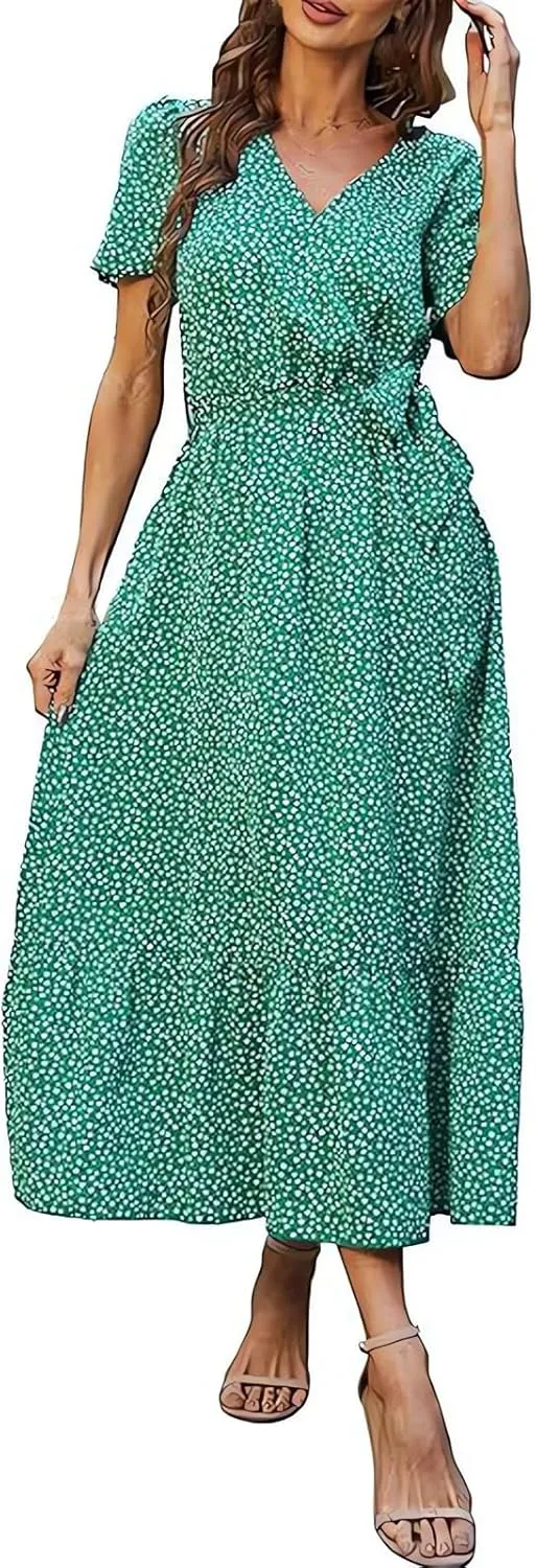Summer Dresses for Women 2025 Floral Boho Dress Wrap V Neck Short Sleeve Ruffle A-Line Flowy Maxi Wedding Guest Dresses