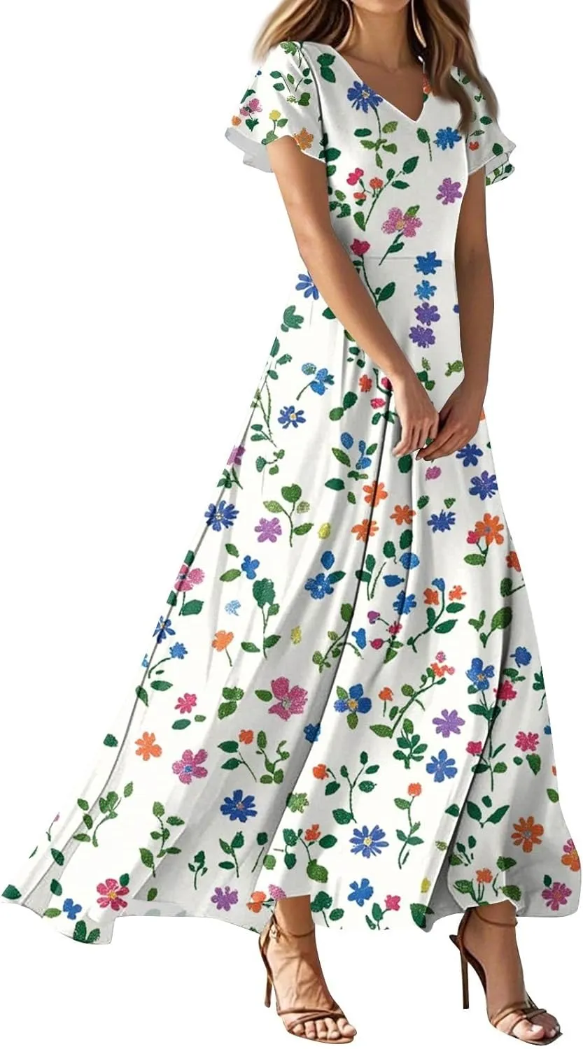 Summer Dresses for Women 2025 Ruffle Short Sleeve Vneck Sundress Trendy Floral Print Swing Hem Chiffon Cocktail Dress