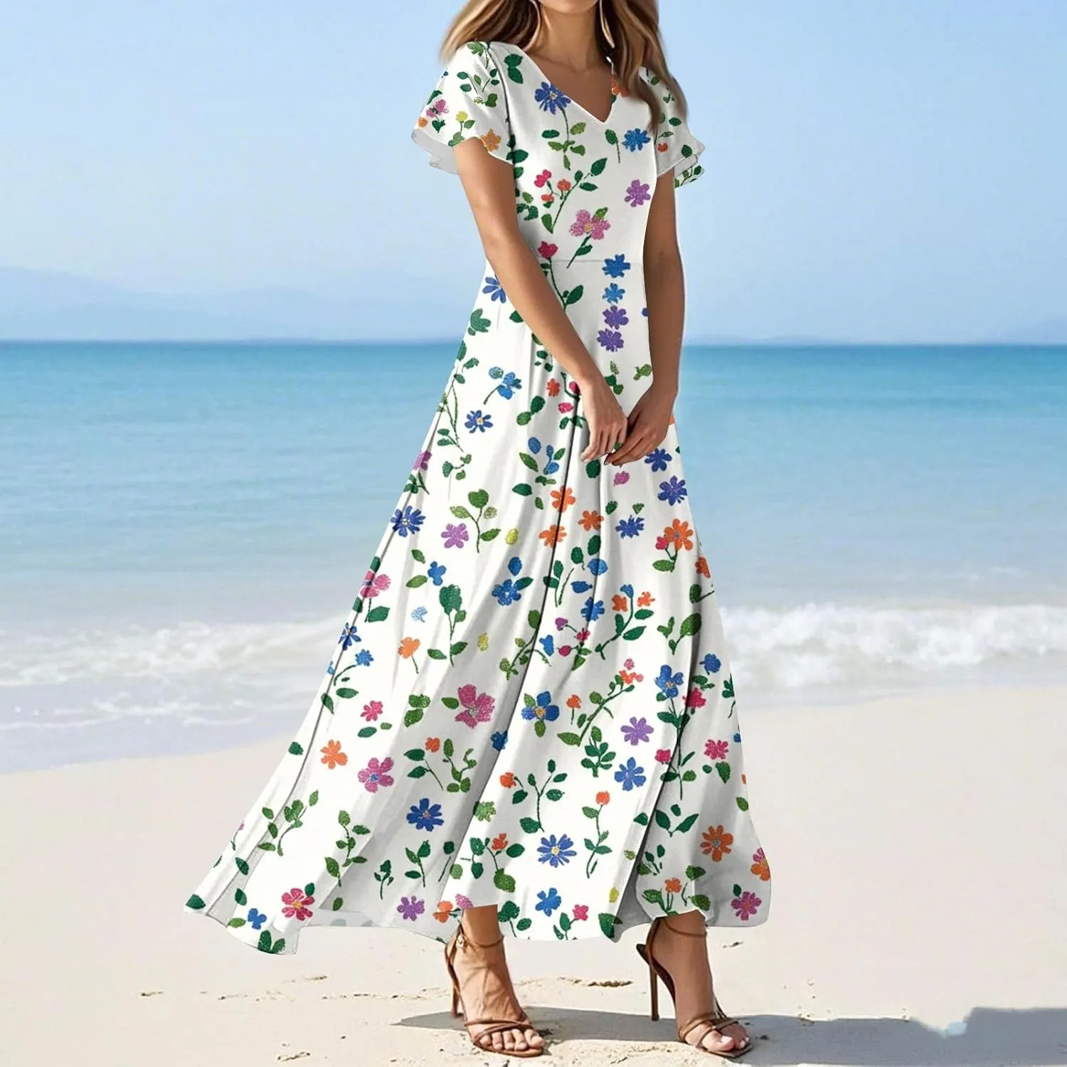 Summer Dresses for Women 2025 Ruffle Short Sleeve Vneck Sundress Trendy Floral Print Swing Hem Chiffon Cocktail Dress