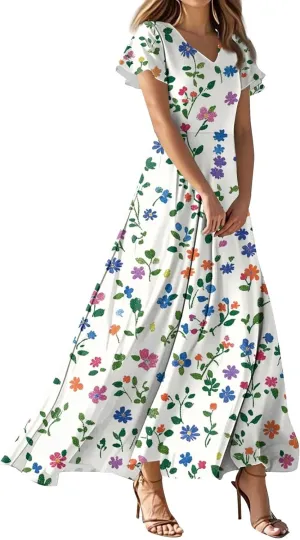 Summer Dresses for Women 2025 Ruffle Short Sleeve Vneck Sundress Trendy Floral Print Swing Hem Chiffon Cocktail Dress