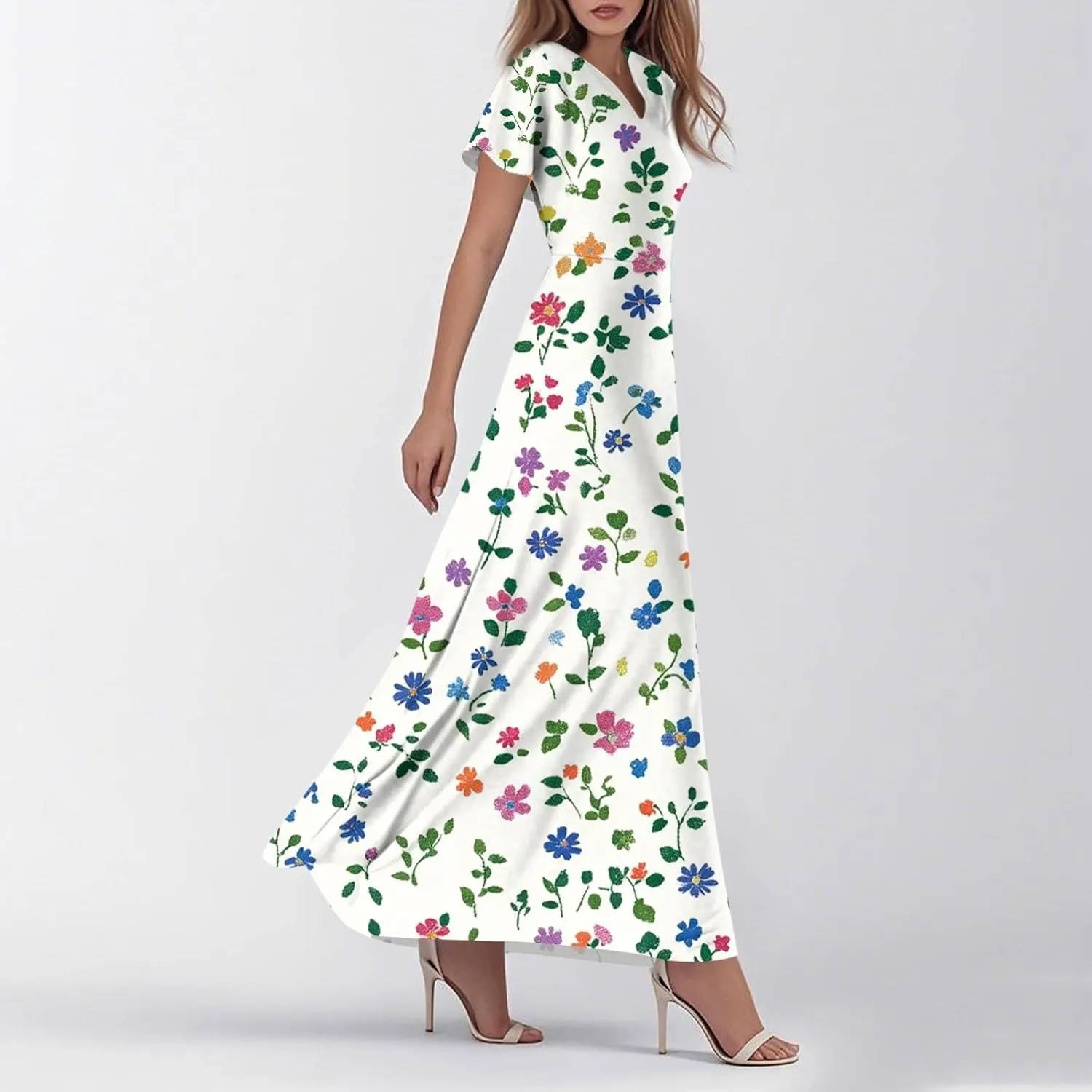 Summer Dresses for Women 2025 Ruffle Short Sleeve Vneck Sundress Trendy Floral Print Swing Hem Chiffon Cocktail Dress