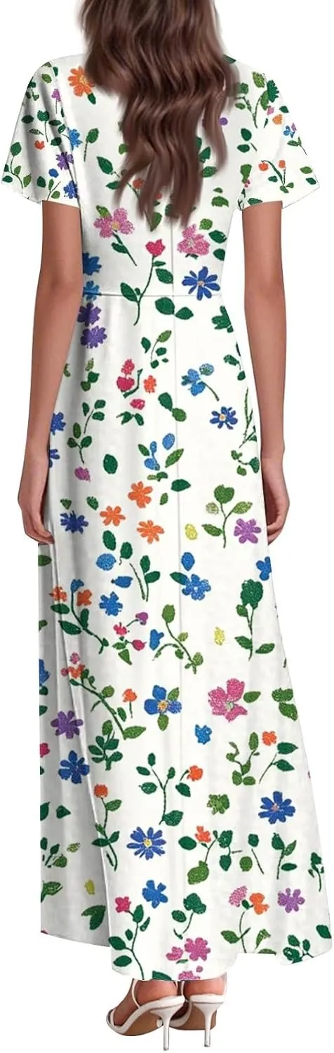 Summer Dresses for Women 2025 Ruffle Short Sleeve Vneck Sundress Trendy Floral Print Swing Hem Chiffon Cocktail Dress
