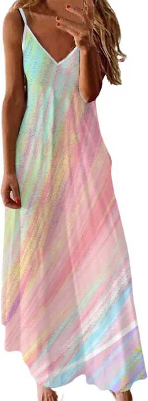 Summer Dresses for Women 2025 Spaghetti Strap Boho Tie Dye Maxi Dress V Neck Boho Beach Sundress Trendy Soft Dress