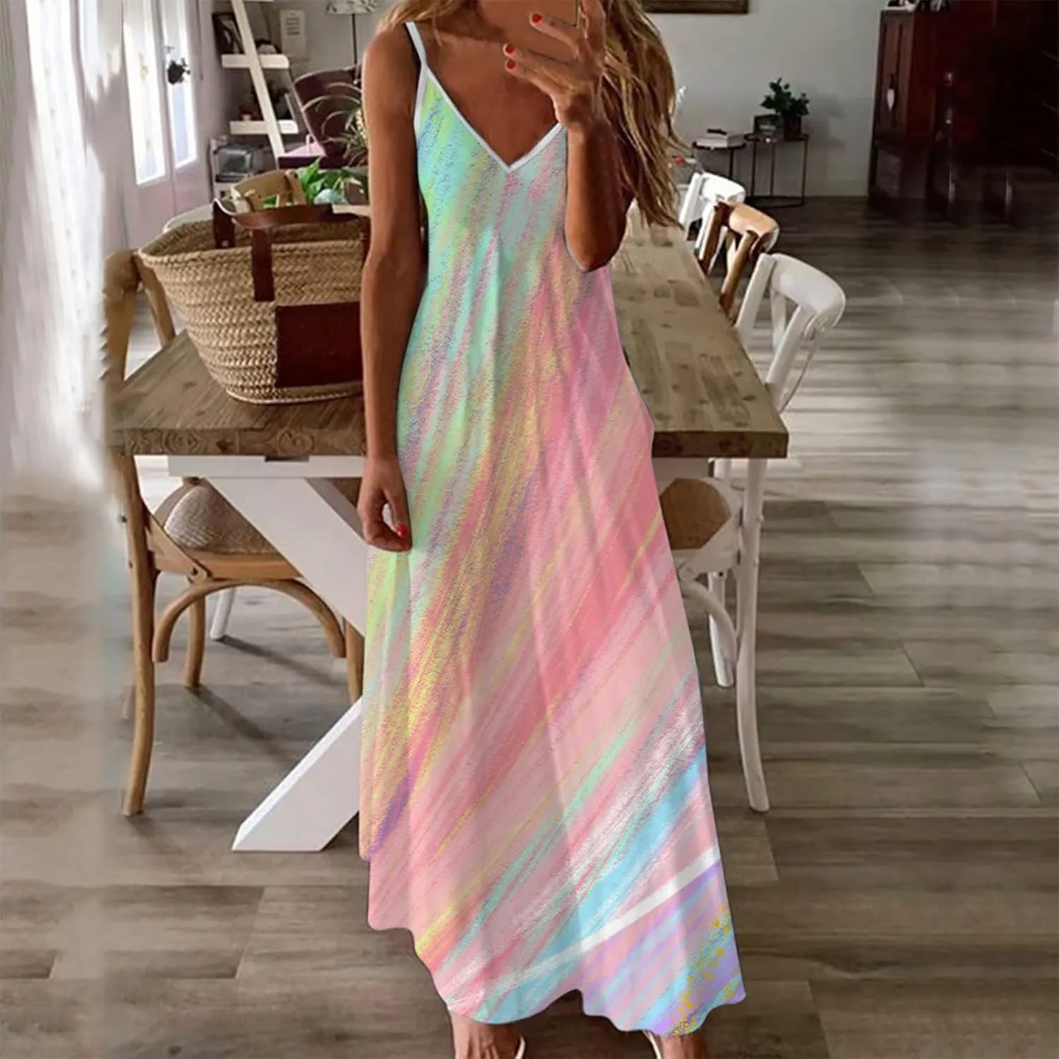 Summer Dresses for Women 2025 Spaghetti Strap Boho Tie Dye Maxi Dress V Neck Boho Beach Sundress Trendy Soft Dress