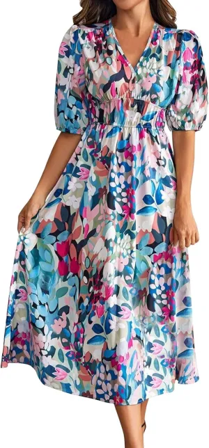 Summer Dresses for Women Elegant Boho Floral Print Beach Long Dress Trendy V Neck Short Sleeve Ruffle Maxi Sundress