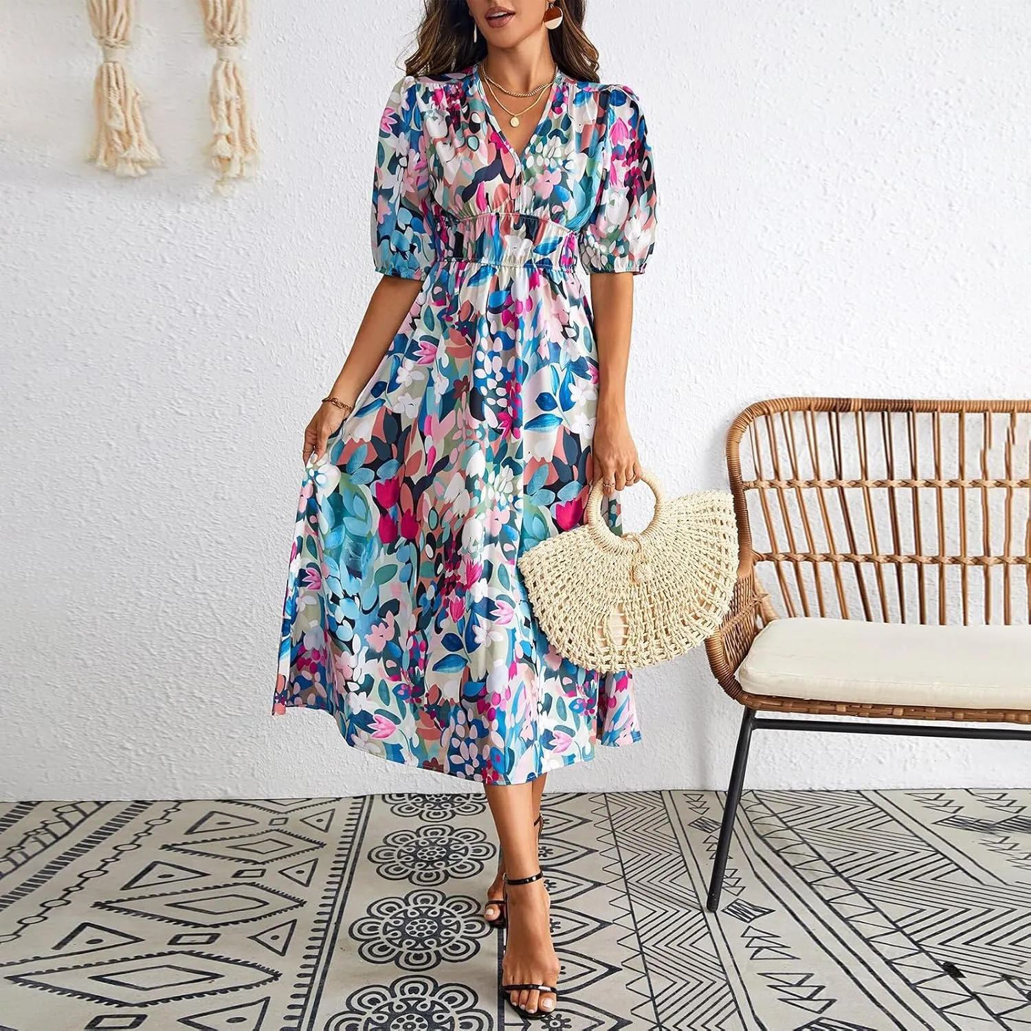 Summer Dresses for Women Elegant Boho Floral Print Beach Long Dress Trendy V Neck Short Sleeve Ruffle Maxi Sundress