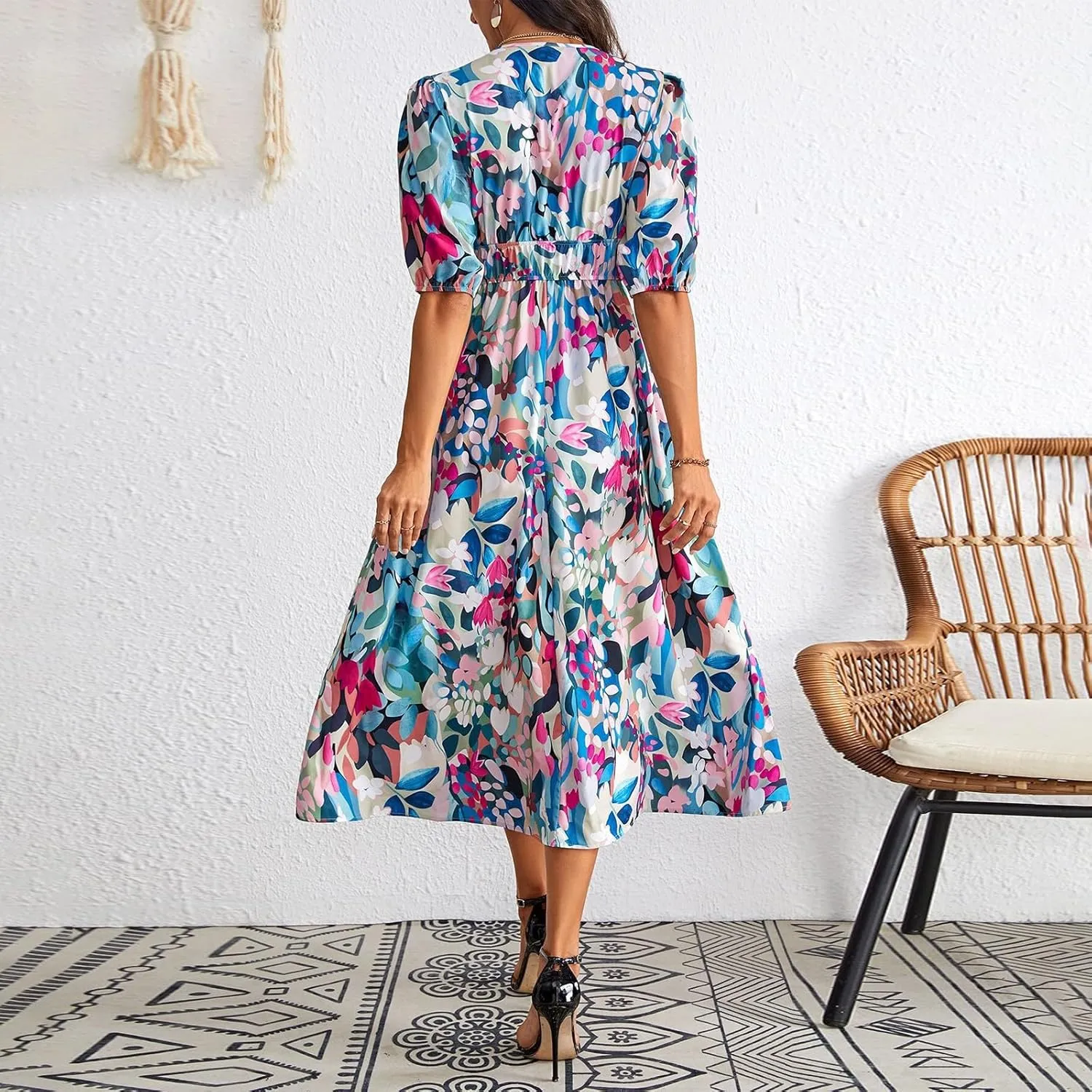 Summer Dresses for Women Elegant Boho Floral Print Beach Long Dress Trendy V Neck Short Sleeve Ruffle Maxi Sundress