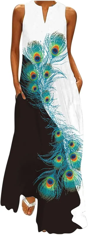 Summer Dresses for Women Fashion Long Dress with Pockets Boho Floral Print Sleeveless Maxi Dress Floor Length Dress