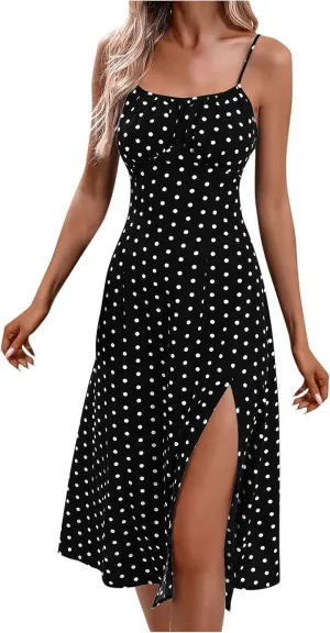 Summer Dresses for Women Sleeveless Spaghetti Straps Split Sundress Casual Polka Dot Print Dress Elegant Midi Dress