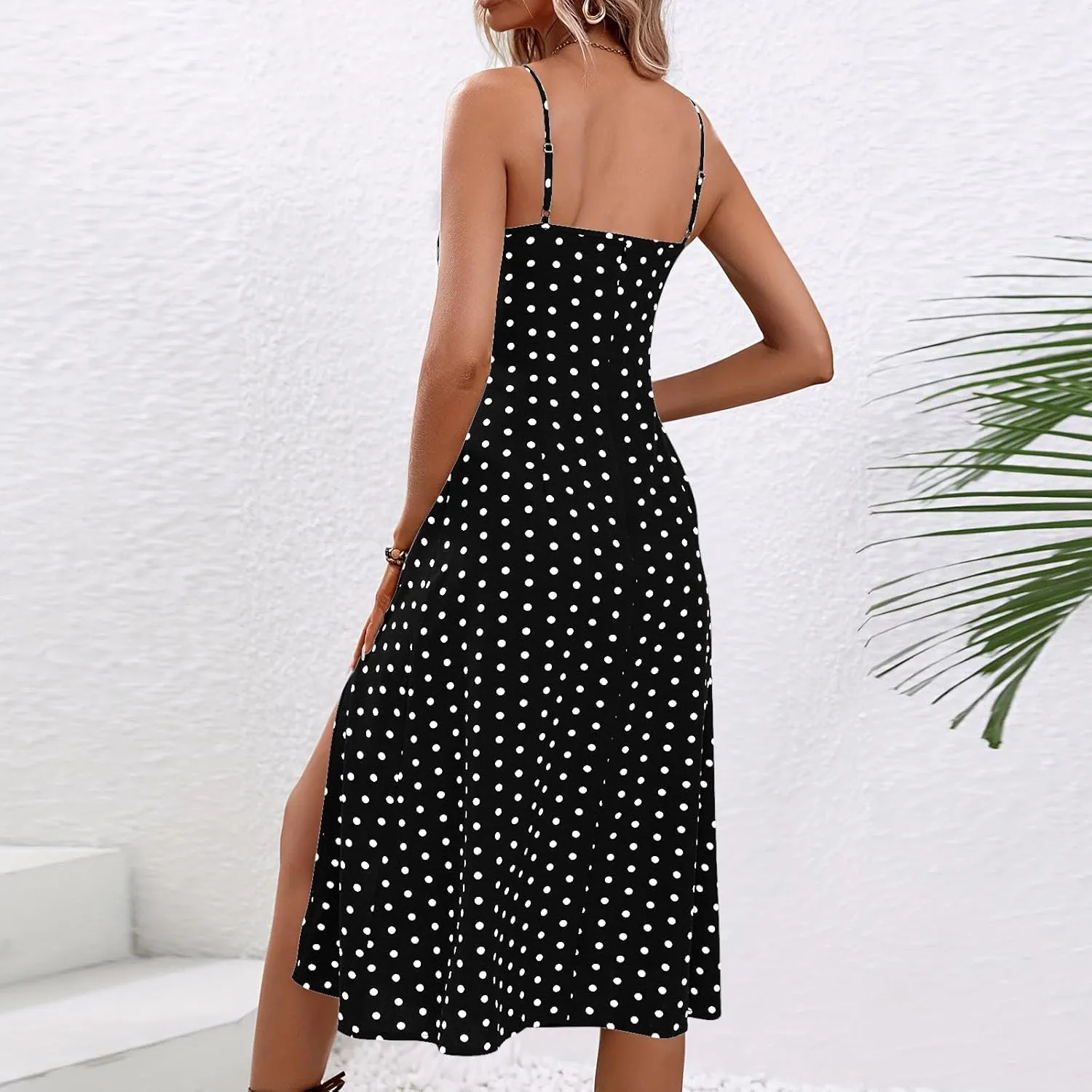Summer Dresses for Women Sleeveless Spaghetti Straps Split Sundress Casual Polka Dot Print Dress Elegant Midi Dress