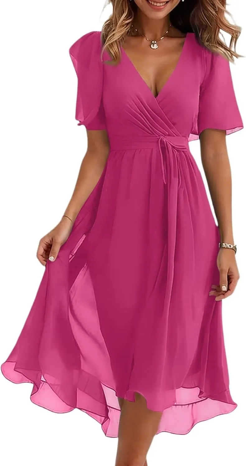 Summer Floral Chiffon Dresses for Women 2025 Midi Trendy Flowy Swing Tie Elastic Waist Short Sleeve V Neck A Line Dress
