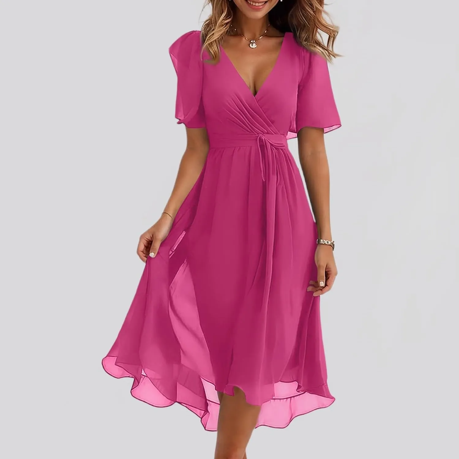 Summer Floral Chiffon Dresses for Women 2025 Midi Trendy Flowy Swing Tie Elastic Waist Short Sleeve V Neck A Line Dress