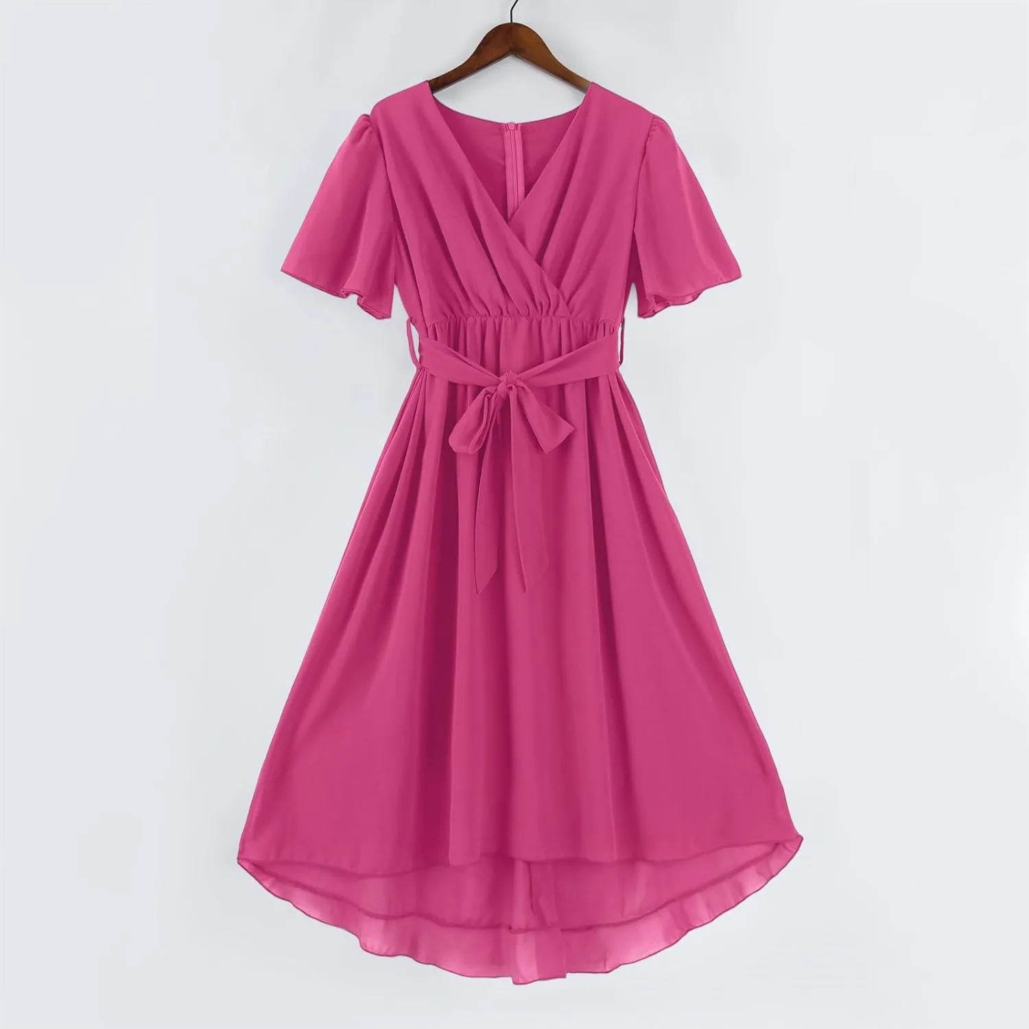 Summer Floral Chiffon Dresses for Women 2025 Midi Trendy Flowy Swing Tie Elastic Waist Short Sleeve V Neck A Line Dress